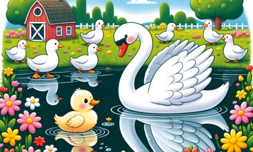 Une illustration destinée aux enfants représentant un petit canard différent des autres, rejeté par les canards de la ferme, qui rencontre un majestueux cygne blanc dans un magnifique étang entouré de fleurs colorées.