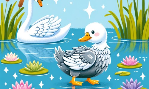 Une illustration destinée aux enfants représentant un canard au plumage gris et blanc, se sentant différent des autres, accompagné d'un majestueux cygne, dans un lac scintillant entouré de roseaux et de nénuphars multicolores.