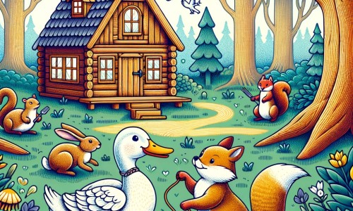 Une illustration pour enfants représentant un petit canard qui cherche des amis à la forêt, mais qui tombe dans un piège tendu par un renard rusé.