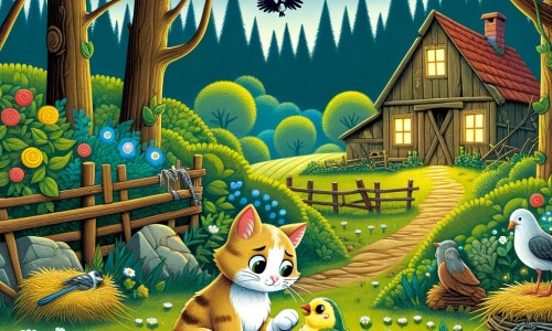 Une illustration destinée aux enfants représentant un chat courageux et téméraire, qui fait la rencontre d'un oiseau blessé, dans une ferme entourée de champs verdoyants et de bois mystérieux.