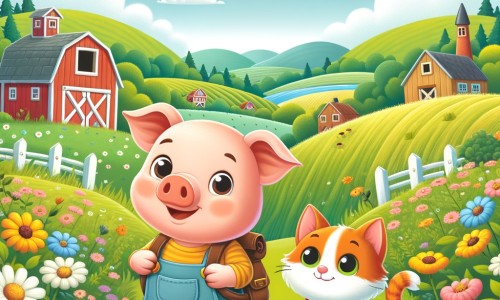 Une illustration destinée aux enfants représentant un adorable cochon aventurier, accompagné d'un chat curieux, explorant une ferme pittoresque entourée de collines verdoyantes et de champs fleuris.