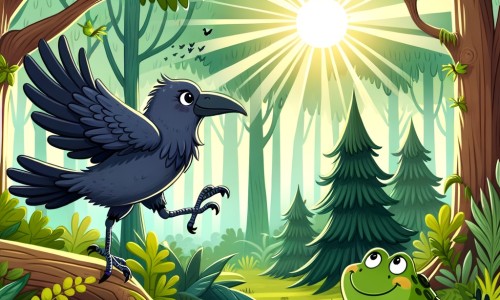 Une illustration destinée aux enfants représentant un corbeau malicieux explorant une forêt dense et verdoyante, accompagné d'une joyeuse grenouille, dans un décor enchanté où les rayons du soleil filtrent à travers les feuilles des arbres majestueux.
