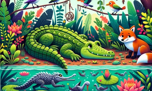 Une illustration pour enfants représentant un petit crocodile timide et différent de ses frères et sœurs, vivant dans un grand marécage, qui apprend à survivre dans la nature grâce à l'aide d'un vieux crocodile sage.