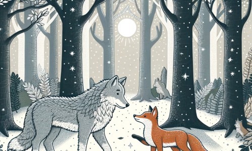 Une illustration destinée aux enfants représentant un loup solitaire au pelage gris et blanc, écarté de sa meute, faisant la rencontre d'un renard sage, dans une forêt dense aux arbres majestueux et aux feuilles chatoyantes.