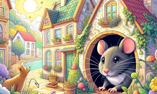 Une illustration destinée aux enfants représentant un petit rat malin, vivant dans un trou caché au sein d'une maison chaleureuse, qui fait la rencontre d'un chat féroce mais curieux, dans une rue animée aux maisons colorées et aux fleurs parfumées.