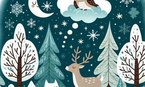 Une illustration destinée aux enfants représentant un renne rêvant de voler, accompagné d'une chouette sage, dans une forêt enneigée aux arbres majestueux et aux flocons de neige scintillants.