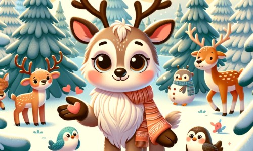 Une illustration destinée aux enfants représentant un renne au pelage doux et aux yeux brillants, vivant dans une forêt enneigée, faisant preuve de gentillesse envers les autres animaux qui l'entourent.