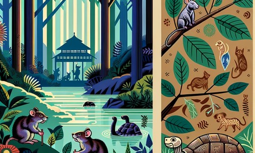 Une illustration destinée aux enfants représentant un petit rat malin, vivant dans une forêt dense, faisant la rencontre d'une tortue sage et utilisant sa ruse pour aider les autres animaux de la forêt.