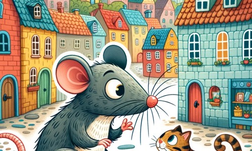 Une illustration destinée aux enfants représentant un adorable rat rusé, se trouvant dans une petite ville remplie de maisons colorées et de ruelles étroites, faisant la rencontre d'un chat curieux et sournois.