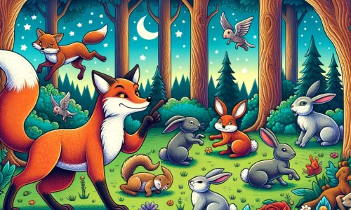 Une illustration destinée aux enfants représentant un renard rusé, jouant des tours aux autres animaux de la forêt, accompagné d'une famille de lapins, dans une forêt enchantée aux arbres majestueux et aux fleurs colorées.