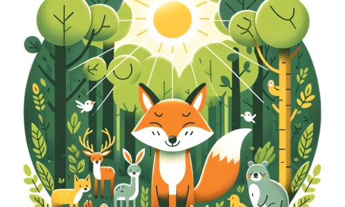 Une illustration destinée aux enfants représentant un renard malicieux, entouré d'animaux de la forêt, dans une dense forêt verdoyante où les rayons du soleil filtrent à travers les feuilles.