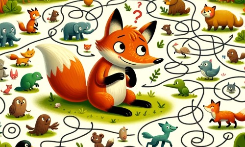 Une illustration destinée aux enfants représentant un renard rusé et malin qui se retrouve dans une forêt dense, entouré d'animaux de toutes sortes, cherchant à mettre en place des plans astucieux pour atteindre ses objectifs.