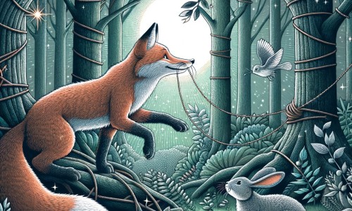 Une illustration destinée aux enfants représentant un renard rusé, se retrouvant prisonnier d'un piège, avec l'aide inattendue d'un petit lapin, dans une forêt dense et mystérieuse aux arbres majestueux et aux feuilles chatoyantes.