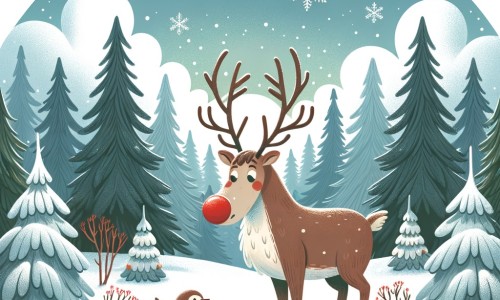 Une illustration destinée aux enfants représentant un renne solitaire au nez rouge, dans une forêt enneigée, faisant la rencontre d'un petit oiseau blessé, dans un décor de sapins majestueux et de flocons dansant dans le ciel.