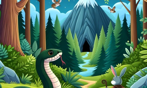 Une illustration destinée aux enfants représentant un serpent intrépide qui explore une forêt dense et mystérieuse, accompagné d'un sage lapin, à la recherche d'une grotte magique nichée au sommet d'une montagne verdoyante.