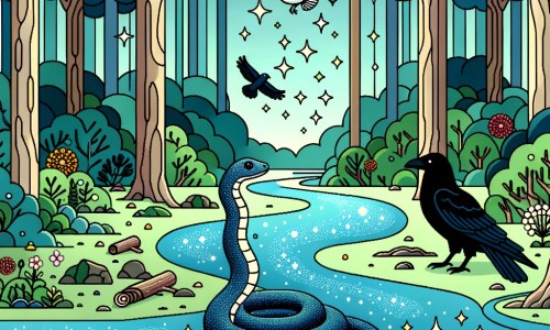 Une illustration destinée aux enfants représentant un serpent solitaire et rêveur, accompagné d'un corbeau bavard, dans une forêt dense avec des arbres majestueux, des fleurs colorées et une rivière mystique scintillante.