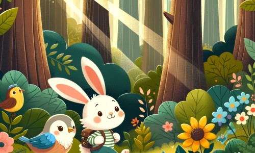 Une illustration destinée aux enfants représentant un charmant lapin aventurier, accompagné d'un oiseau aux plumes colorées, explorant une forêt dense et sombre, remplie d'arbres majestueux, de fleurs sauvages et de rayons de soleil filtrant à travers les feuilles.