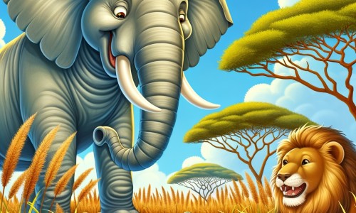 Une illustration destinée aux enfants représentant un éléphant fier et imposant, se moquant d'une petite fourmi, d'une grenouille et d'un lionceau, dans la savane africaine, avec des herbes hautes et des acacias majestueux sous un ciel bleu éclatant.