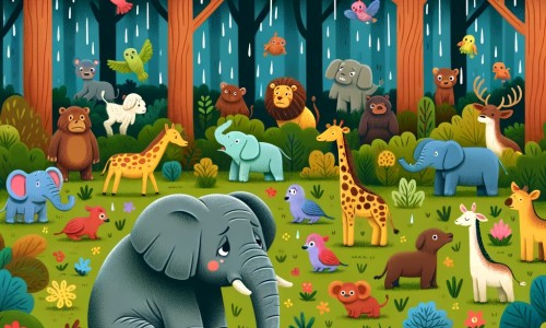 Une illustration destinée aux enfants représentant un majestueux éléphant solitaire, cherchant désespérément de la compagnie dans une dense et luxuriante forêt peuplée d'animaux joyeux et colorés.