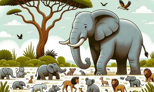Une illustration destinée aux enfants représentant un éléphant majestueux se vantant de sa taille et de sa force, rencontrant des animaux plus petits mais astucieux, dans une vaste savane parsemée de hautes herbes et d'un grand arbre sous lequel il décide de se reposer.