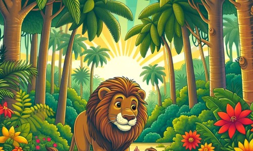 Une illustration pour enfants représentant un lion majestueux évoluant dans la jungle, à la recherche d'un ami perdu et confronté à des chasseurs sans scrupules.