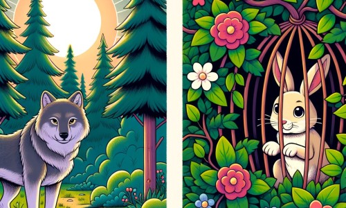 Une illustration destinée aux enfants représentant un majestueux loup solitaire, se trouvant au cœur d'une dense forêt, faisant la rencontre d'un adorable lapin pris au piège, dans un magnifique buisson fleuri, éclairé par les rayons chaleureux du soleil.