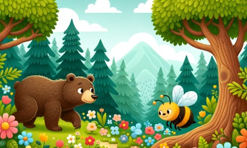 Une illustration destinée aux enfants représentant une ourse curieuse explorant une forêt enchantée, accompagnée d'une abeille travailleuse, dans un paysage luxuriant rempli de fleurs colorées et d'arbres majestueux.