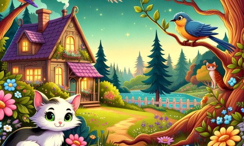 Une illustration destinée aux enfants représentant un chat malicieux, se retrouvant dans une forêt enchantée, accompagné d'un oiseau perdu, dans une petite maison de campagne entourée de fleurs colorées et d'arbres majestueux.