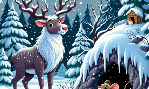 Une illustration destinée aux enfants représentant un renne majestueux dans une forêt hivernale enchantée, accompagné d'une souris espiègle, se retrouvant isolés dans une grotte recouverte de neige épaisse.