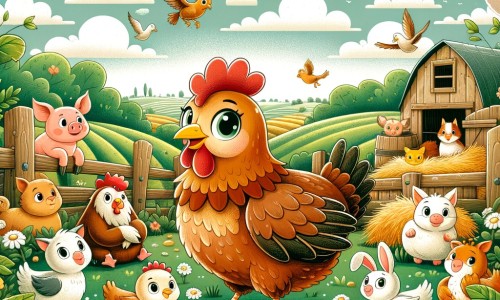 Une illustration destinée aux enfants représentant une poule curieuse et aventureuse, accompagnée de ses amis animaux, dans une ferme entourée de champs verdoyants, prête à explorer le monde au-delà de la ferme.