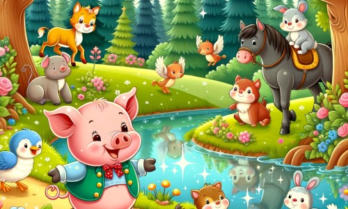 Une illustration pour enfants représentant un adorable cochon qui vit des aventures magiques dans une forêt enchantée.