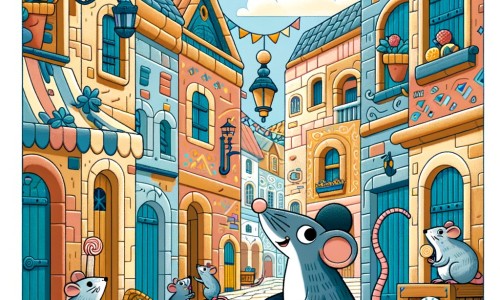Une illustration destinée aux enfants représentant un petit rat astucieux, accompagné de ses amis rats, explorant les ruelles étroites et colorées d'une petite ville, à la recherche de délicieux trésors cachés.