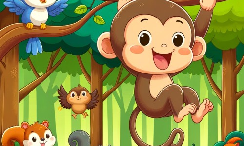 Une illustration destinée aux enfants représentant un joyeux singe, se balançant de branche en branche, accompagné de ses amis les oiseaux et les écureuils, dans une forêt dense et verdoyante.