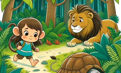 Une illustration destinée aux enfants représentant une jeune guenon intrépide, perdue dans la luxuriante jungle amazonienne, qui rencontre une sage tortue et un lion blessé, tous deux prêts à l'aider dans sa quête de retrouver sa famille.