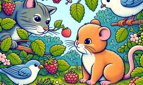 Une illustration destinée aux enfants représentant une petite souris intrépide, confrontée à un chat malicieux, accompagnée d'un oiseau sage, dans un jardin luxuriant rempli de fruits juteux et de buissons de framboises.