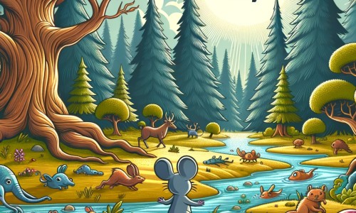 Une illustration destinée aux enfants représentant une petite souris intrépide, se retrouvant dans une forêt enchantée peuplée de créatures étranges, avec des arbres immenses, des ruisseaux cristallins et une clairière ensoleillée.