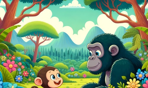 Une illustration pour enfants représentant un singe aventurier dans une jungle lointaine qui rencontre un autre singe plus âgé et plus sage, et ensemble, ils cherchent des fruits mûrs dans la forêt.