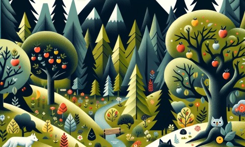 Une illustration destinée aux enfants représentant un loup solitaire, perdu dans une forêt dense et sombre, rencontrant une chouette sage au sommet d'une montagne majestueuse, entourée d'arbres fruitiers, de ruisseaux clairs et de fleurs colorées.