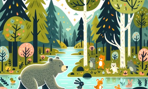 Une illustration destinée aux enfants représentant un ours solitaire explorant une forêt enchantée à la recherche d'amis, accompagné d'un groupe de petits animaux curieux, au milieu d'arbres majestueux, de fleurs colorées et d'un lac scintillant.