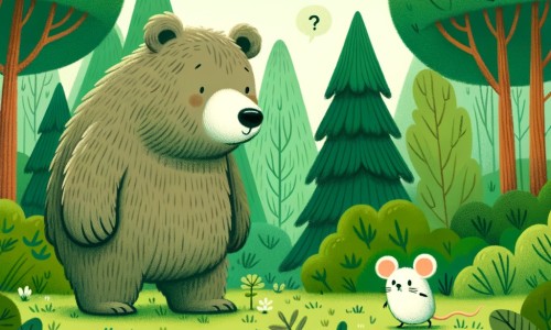 Une illustration destinée aux enfants représentant un ours bienveillant, se trouvant au cœur d'une dense forêt verdoyante, accompagné d'une petite souris inquiète, cherchant ensemble un nouveau foyer.