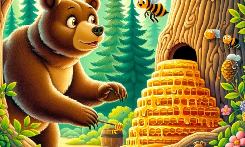 Une illustration destinée aux enfants représentant une ourse curieuse et gourmande, découvrant une ruche remplie de miel doré, accompagnée d'une abeille en colère, dans une forêt dense et verdoyante, avec des arbres majestueux et des fleurs colorées.