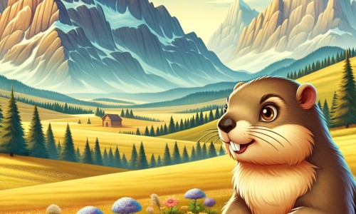 Une illustration pour enfants représentant une charmante marmotte curieuse, explorant une vaste prairie entourée de majestueuses montagnes.