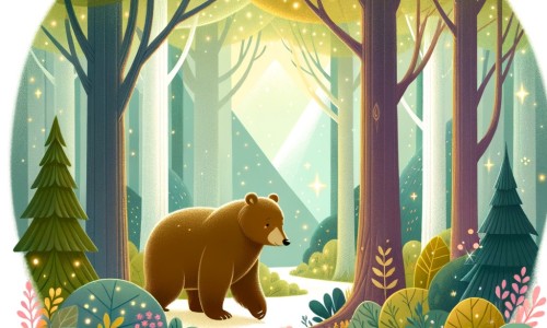 Une illustration pour enfants représentant une ourse se promenant dans une forêt magnifique où elle rencontre de nouveaux amis et aide une petite souris perdue à retrouver sa maison.