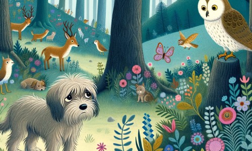 Une illustration pour enfants représentant un chien rejeté par sa portée qui doit accomplir une mission dans une forêt magique.