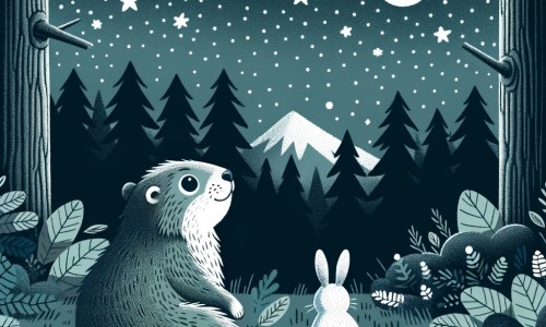 Une illustration destinée aux enfants représentant une marmotte curieuse observant le ciel étoilé, accompagnée d'un lapin, dans une forêt dense et sombre.