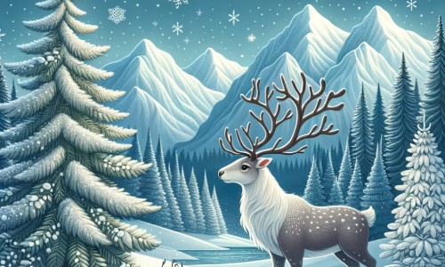 Une illustration destinée aux enfants représentant un magnifique renne, symbole de la grâce et de la force, qui rencontre un sapin triste et solitaire dans une forêt enneigée, entourée de majestueuses montagnes couvertes de neige étincelante.