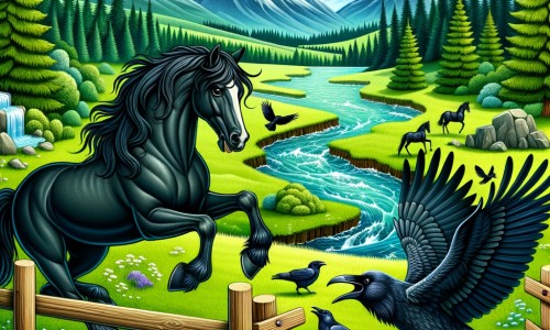 Une illustration pour enfants représentant un magnifique cheval noir, rêvant de liberté, dans une prairie verdoyante.