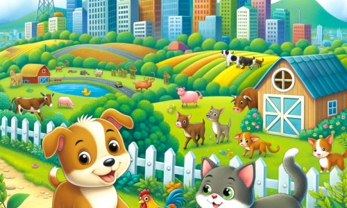 Une illustration destinée aux enfants représentant un jeune chien curieux et aventurier, découvrant une ville animée en compagnie d'un chat rusé, tandis que la ferme paisible et verdoyante reste en arrière-plan avec ses animaux et ses champs colorés.