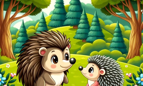 Une illustration pour enfants représentant un petit hérisson avec une pointe de piquants sur le nez qui doit faire face aux moqueries des autres animaux de la forêt, dans une forêt dense et verdoyante.