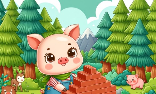 Une illustration pour enfants représentant un petit cochon courageux qui construit sa propre maison en bois dans la forêt et doit faire face à un grand loup gris qui veut la détruire.